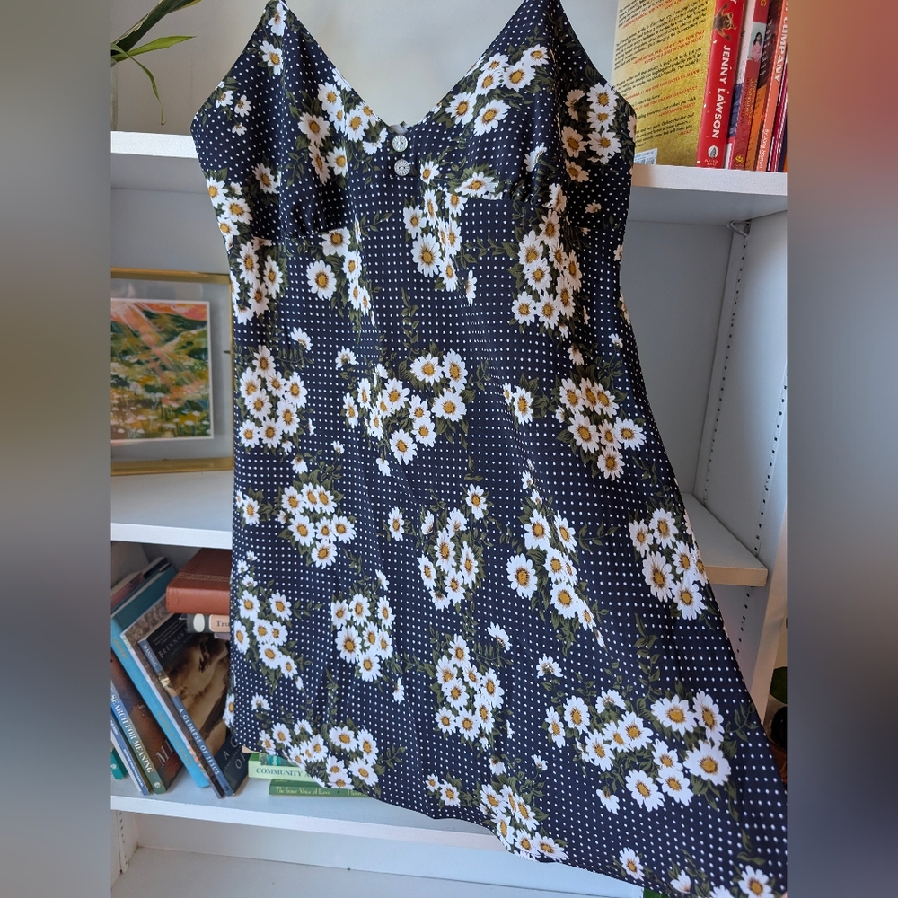 Y2K Women's Mini Slip Dress Floral Daisy Navy Blue White Polka Dot Size Large - Picture 5 of 10